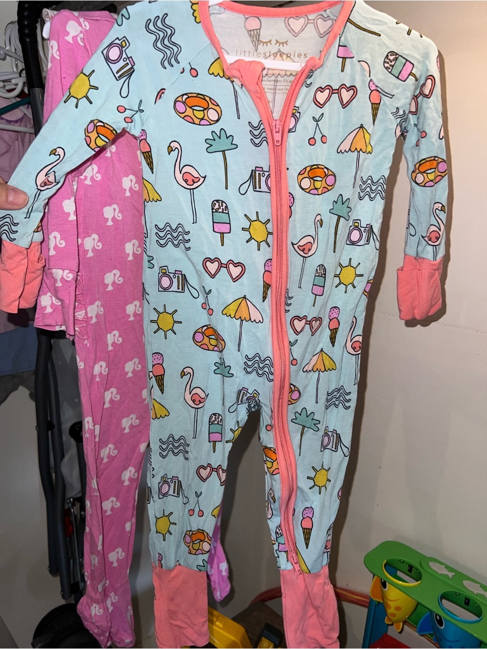 Little Sleepies Aqua Beach Print Zip Pajama with Pink Trim